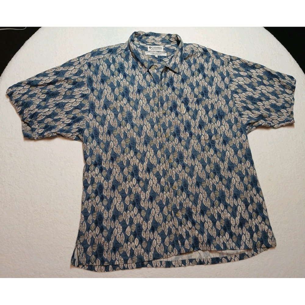 Columbia‎ Men's L  Hawaiian Shirt Short Sleeve  Leaf Print Rayon & Linen VGC